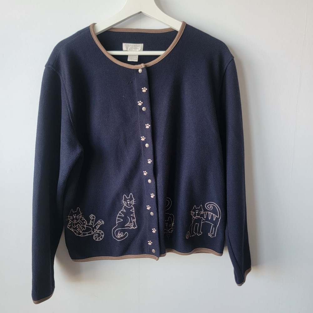 Christopher & Banks Women Cat navlet print Cardigan sz M Button Down Embroidered